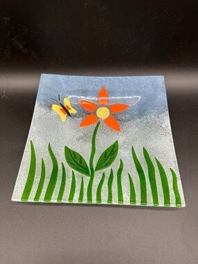 Fused Glass Spring Butterfly and Flower 3D Textured Plate 10"